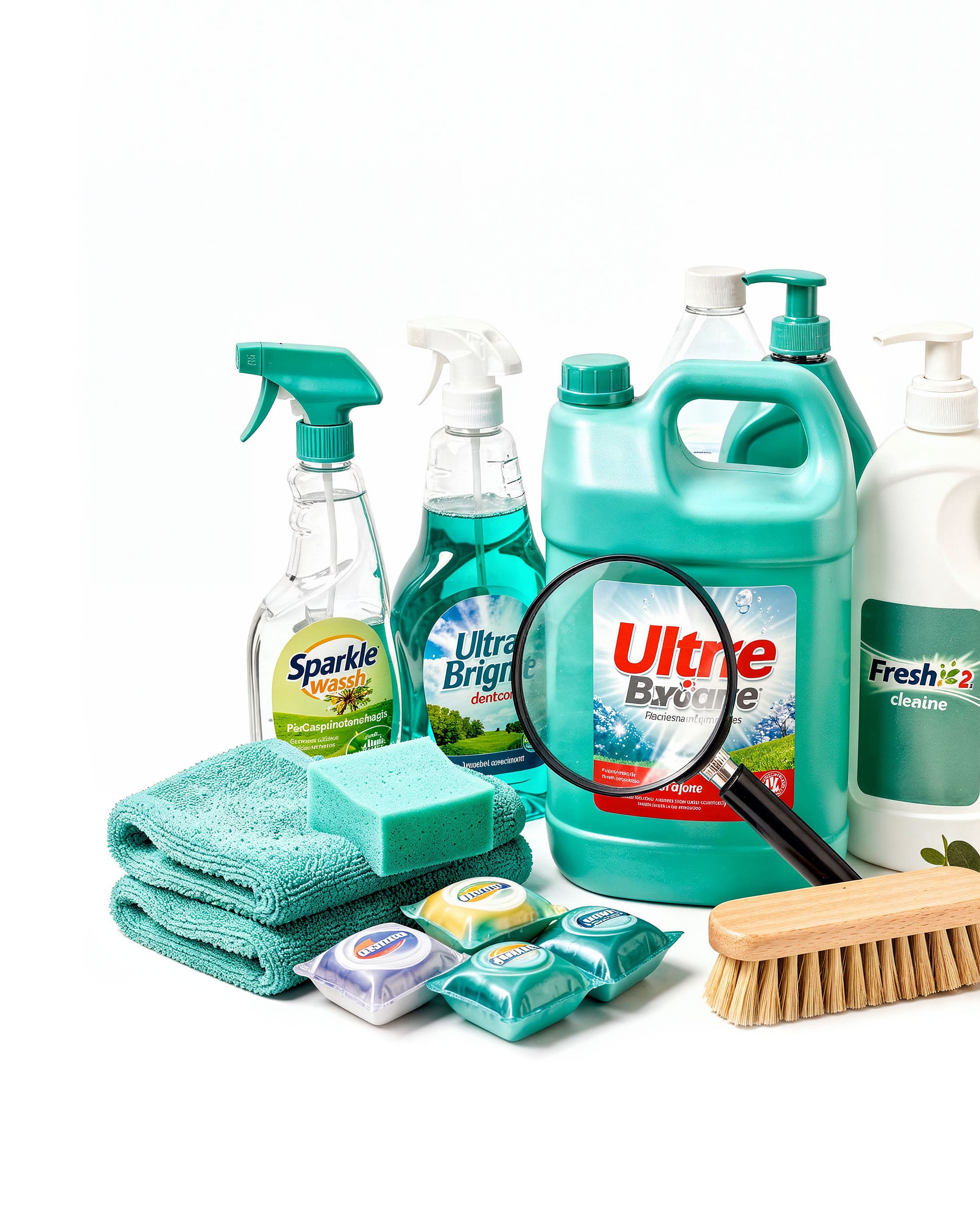 Cleaning products with a magnifying glass revealing hidden ingredients